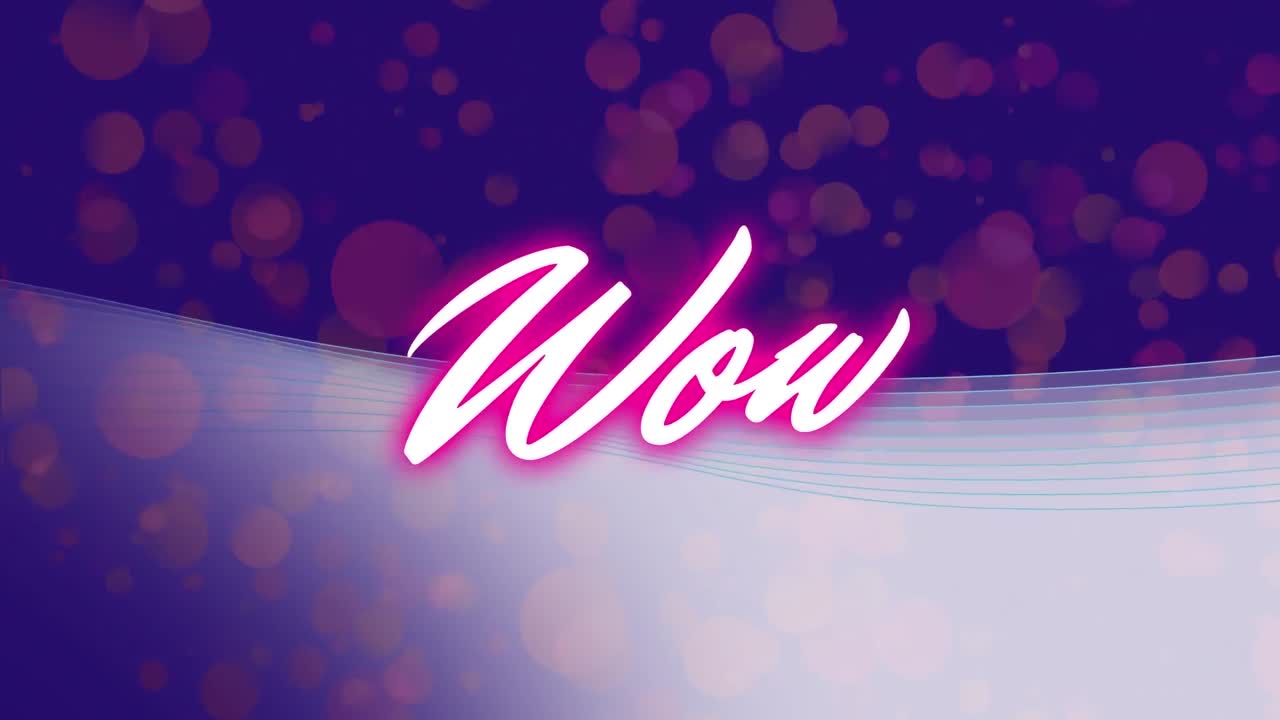 animación digital de neón rosa wow texto sobre manchas rojas de luz flotando contra un fondo azul