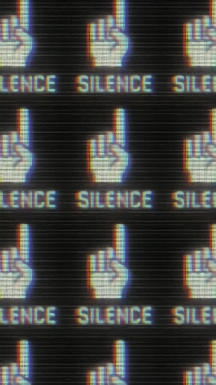 Retro video style image with a repeated pattern of a hand gesture and 'SILENCE' text