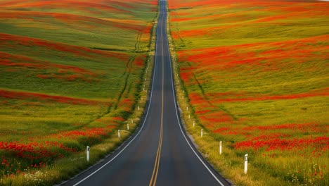a picturesque journey through vibrant flower fields and endless roads, where nature's beauty is on full display, capturing serenity and adventure in every mile