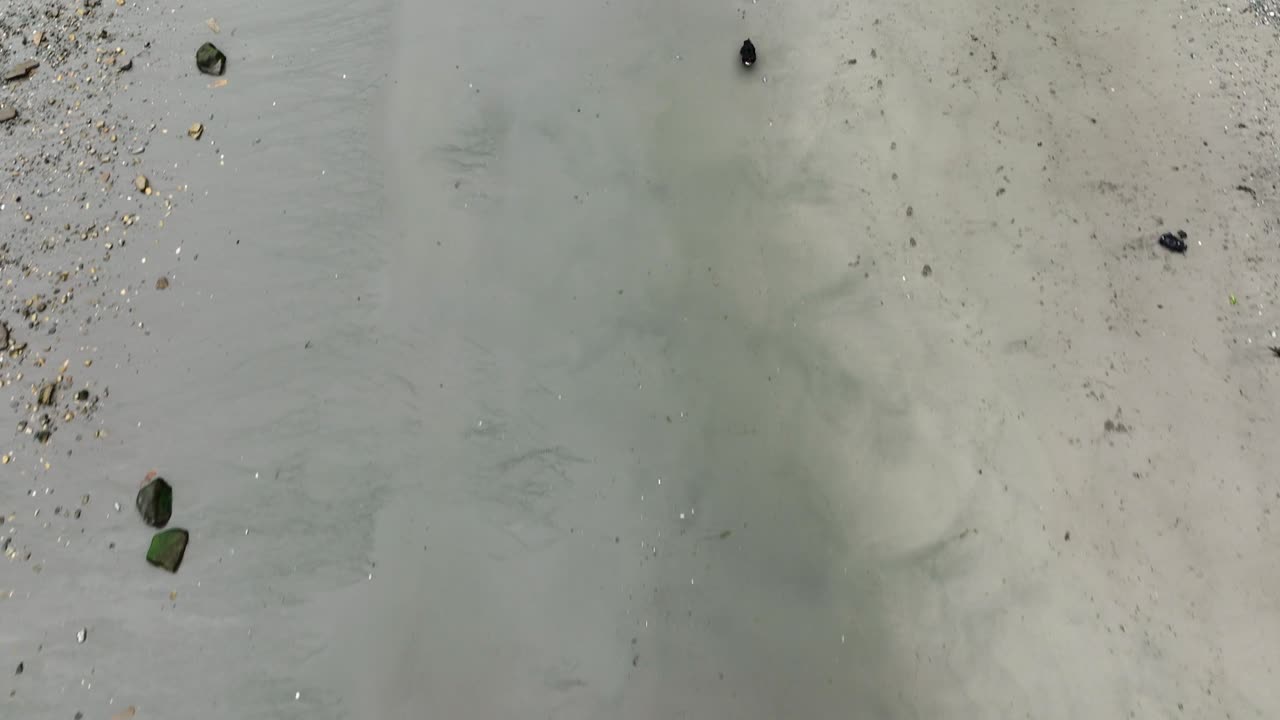 Vista dall'alto di un dio che insegue un drone sulla spiaggia