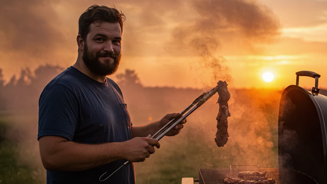 Captivating Sunset Barbecue: A Grilling Enthusiast Enjoys Perfectly Cooked Meat While Embraced by Nature's Beauty and the Warmth of Dusk