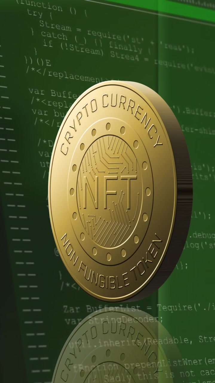 Animation af mønt med NFT og databehandling over servere
