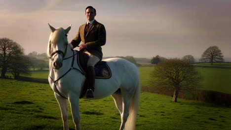man riding a white horse in a grassy field