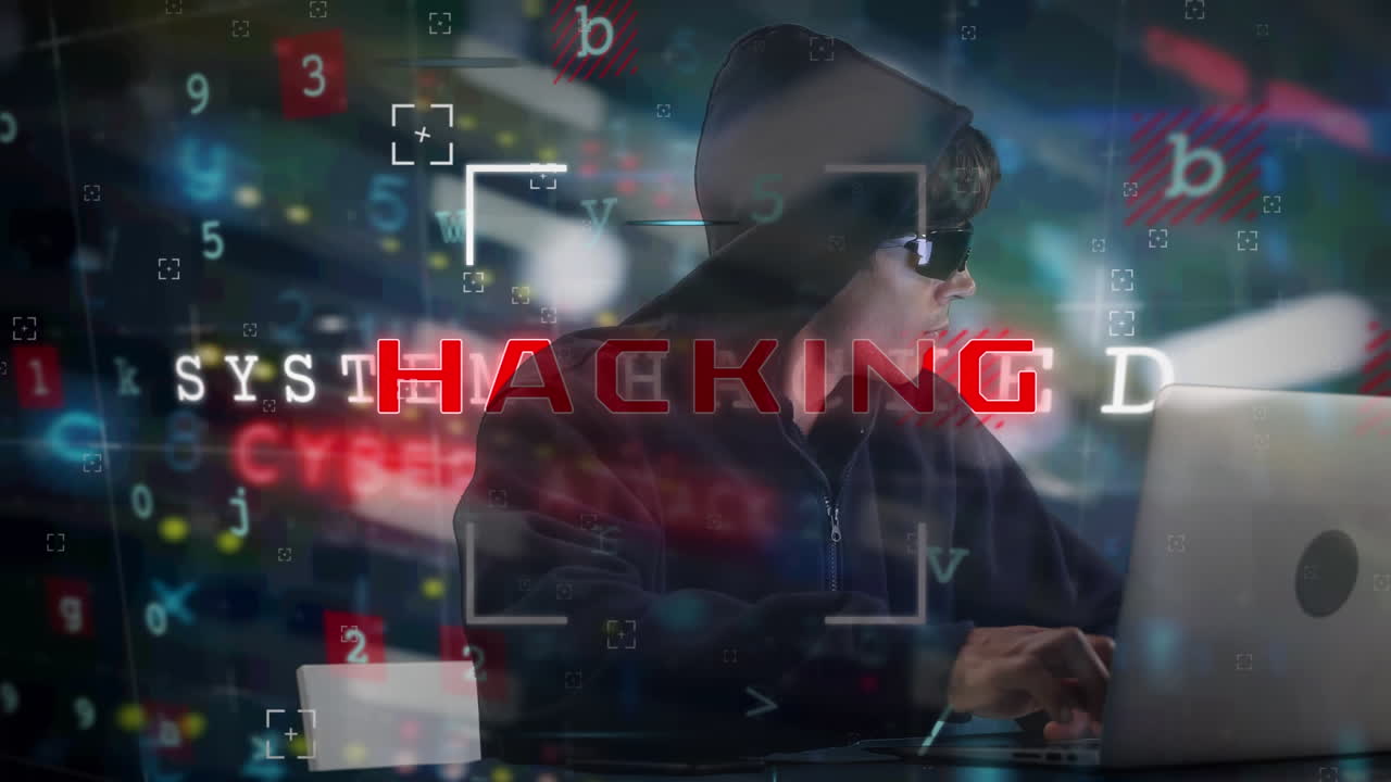Animation of online security warning text over hacker in hood and sunglasses using laptop