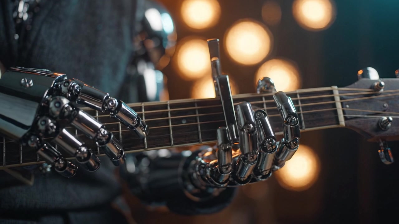 Yumuşak parlayan ışıklarla dolu çarpıcı, canlı bir ortamda, ileri teknolojiyi ve müzik yeteneğini sergileyen, ustaca gitar çalan robotik bir sanatçı.