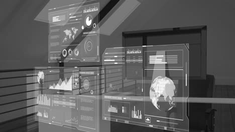 animation of interface with data processing against office desk
