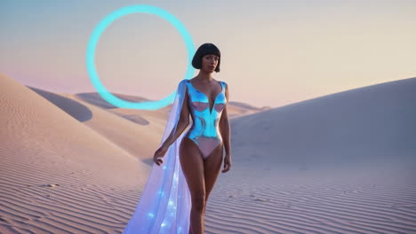 futuristic figure in metallic bodysuit with glowing cape in desert
