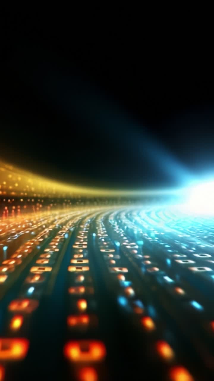 Un'affascinante ondata di vivaci flussi di dati binari che scorronoFluidamente su uno sfondo scuro, mettendo in mostra la profondità dinamica e il movimento delle informazioni digitali.