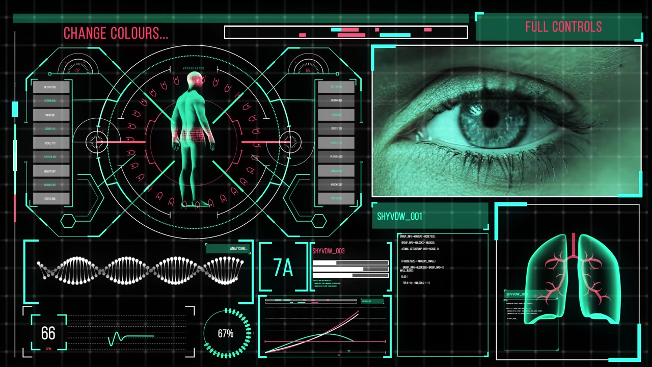 Futuristic Digital HUD Interface with Medical and Surveillance Data