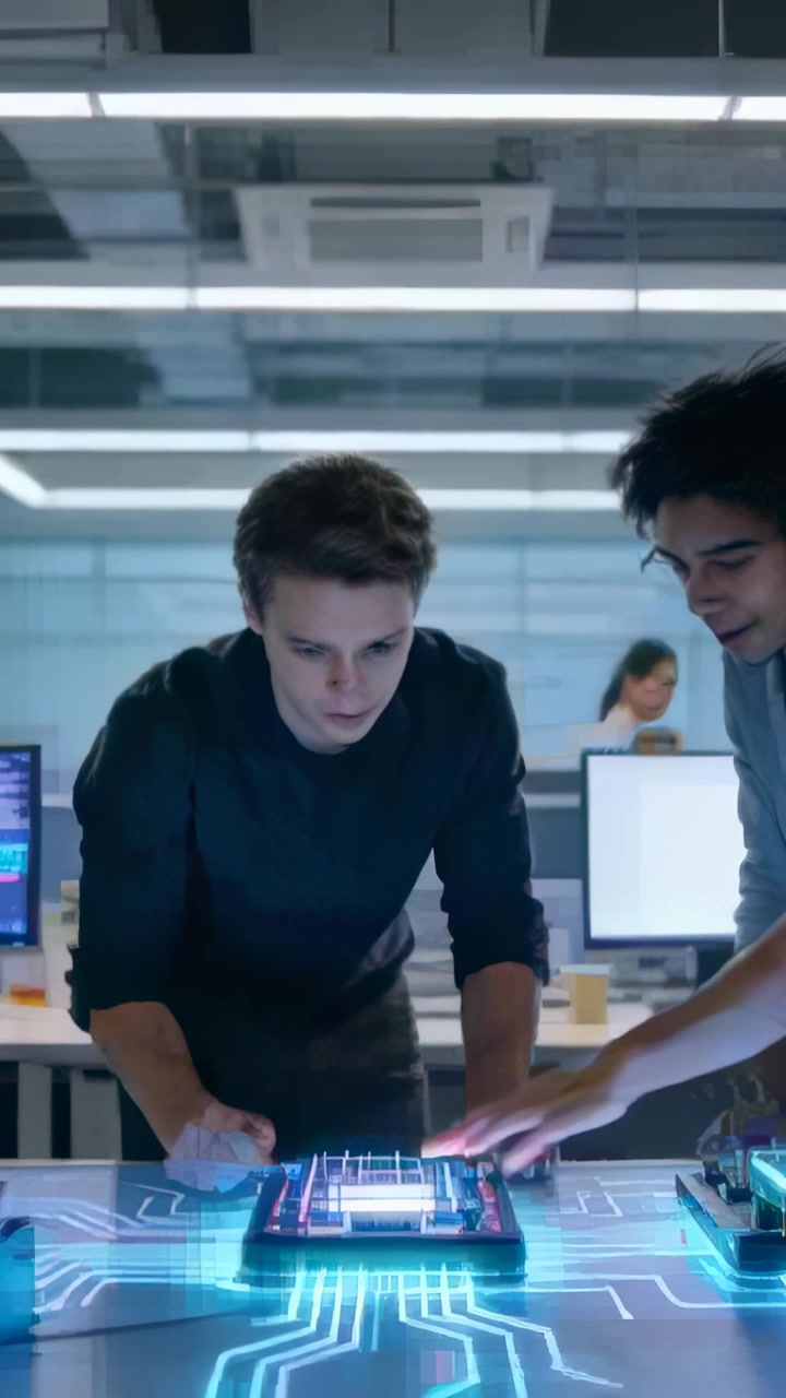 Vertical video: Tapping tech in dark top starting touch table module at lab, peer joining to help