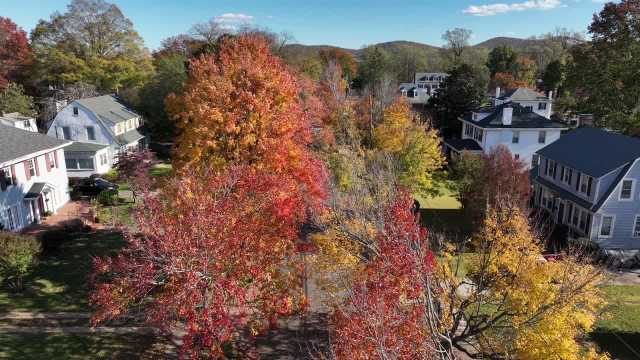 Autumn aerial sweep over a peaceful American suburban neighborhood with vibrant fall foliage, tree-lined streets, and quiet residential homes captured in crisp midday light