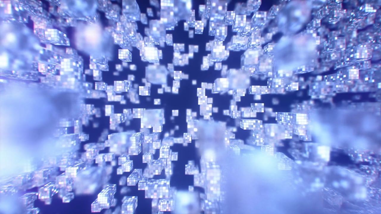 Dense Shimmering Cubes Form Aerial Cityscape, Virtual City Builder Surveys Crystalline Blocks And Glowing