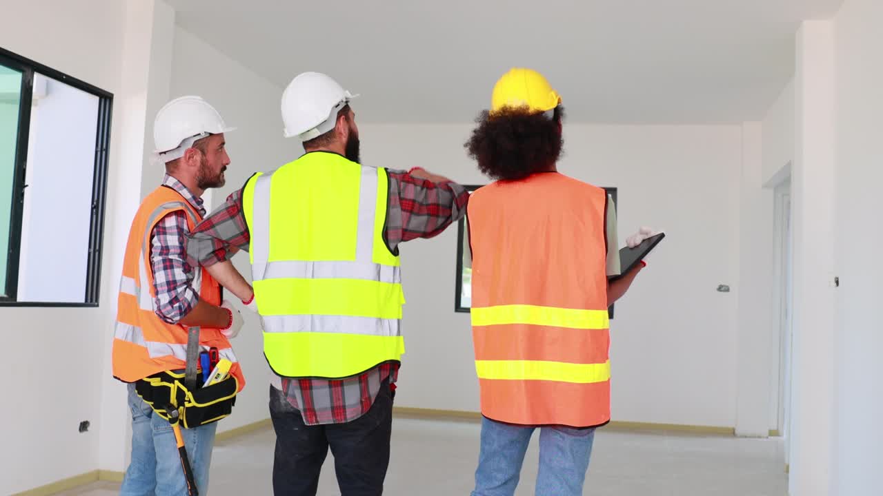 vista trasera equipo de ingenieros mecánicos profesionales con casco de seguridad trabajando en una fábrica de fabricación en construcción.