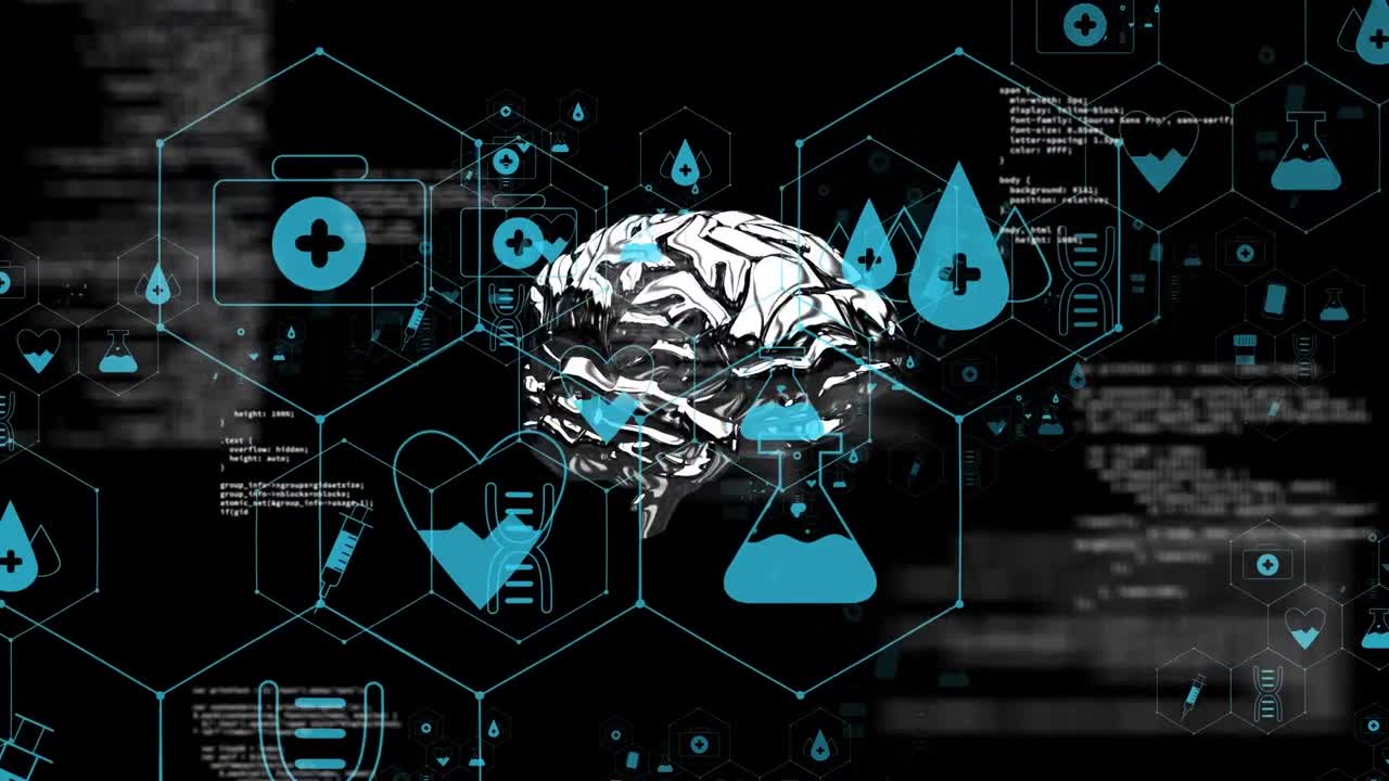 Animation of medical icons with brain and data processing on black background