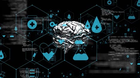 Animation-Medizinischer-Symbole-Mit-Gehirn-Und-Datenverarbeitung-Auf-Schwarzem-Hintergrund