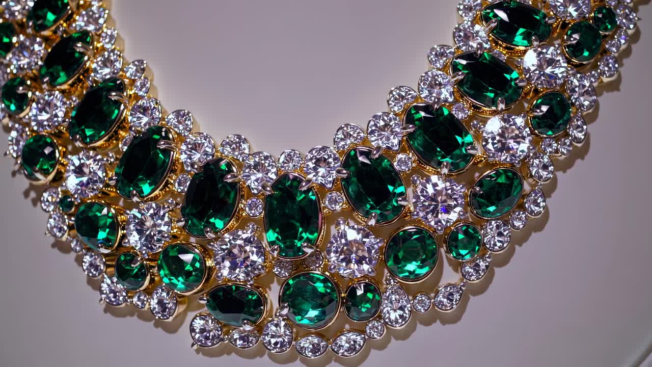 Close-up, angled shot of elegant jewelry display with emerald and diamond pieces, perfect