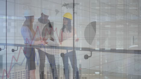 animation of graphs and charts processing data over diverse architects discussing blueprints