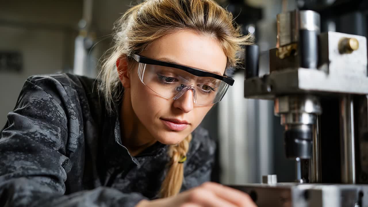 Focused Female Engineer Operating Precision Machinery, Showcasing Skills in Mechanical Engineering and Metalworking While Wearing Safety Gear Like Goggles and Protective Clothing