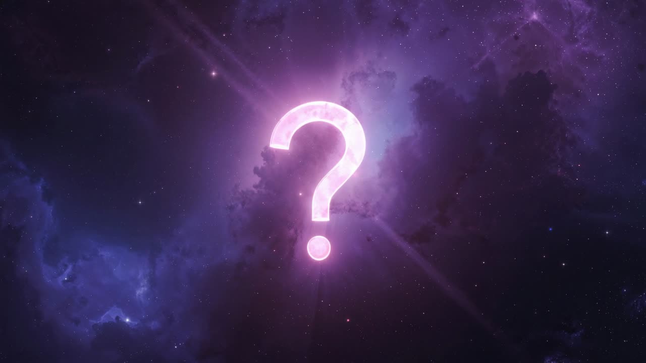 Opening scene showing glowing pink question mark pulsing in outer space, highlighting space mystery