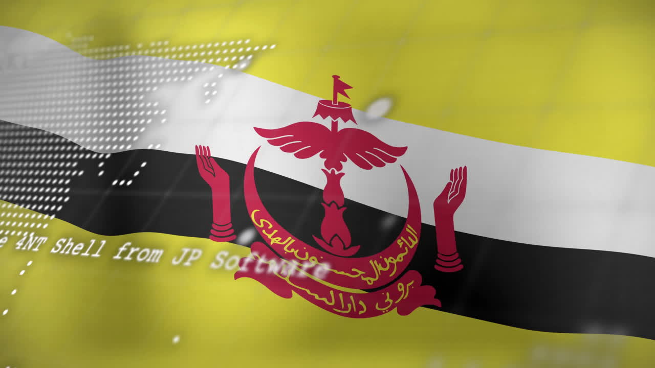 Waving Brunei flag with digital data and map overlay in background animation