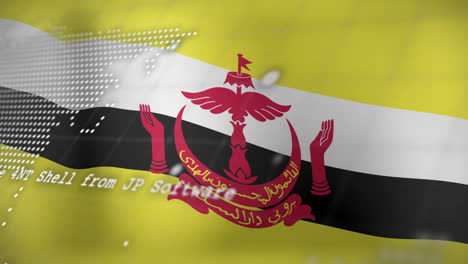 waving brunei flag with digital data and map overlay in background animation