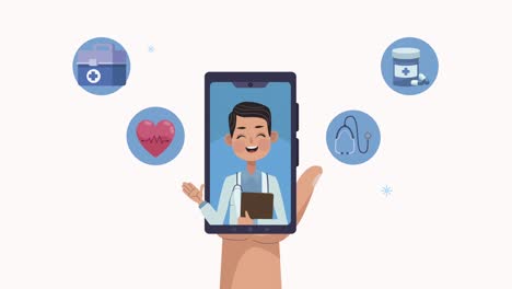 hand lifting doctor in smartphone medical animation