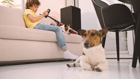 Die-Kamera-Fokussiert-Einen-Auf-Dem-Boden-Liegenden-Hund,-Im-Hintergrund-Einen-Blonden-Jungen,-Der-Mit-Dem-Smartphone-Neben-Seinem-Anderen-Hund-Auf-Dem-Sofa-Sitzt-1