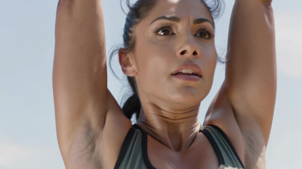 Bracing dumbbells, woman pressing overhead at park in olive bra, black leggings for strength