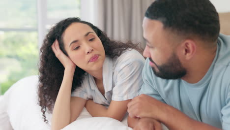 bedroom, lying or relax couple have conversation