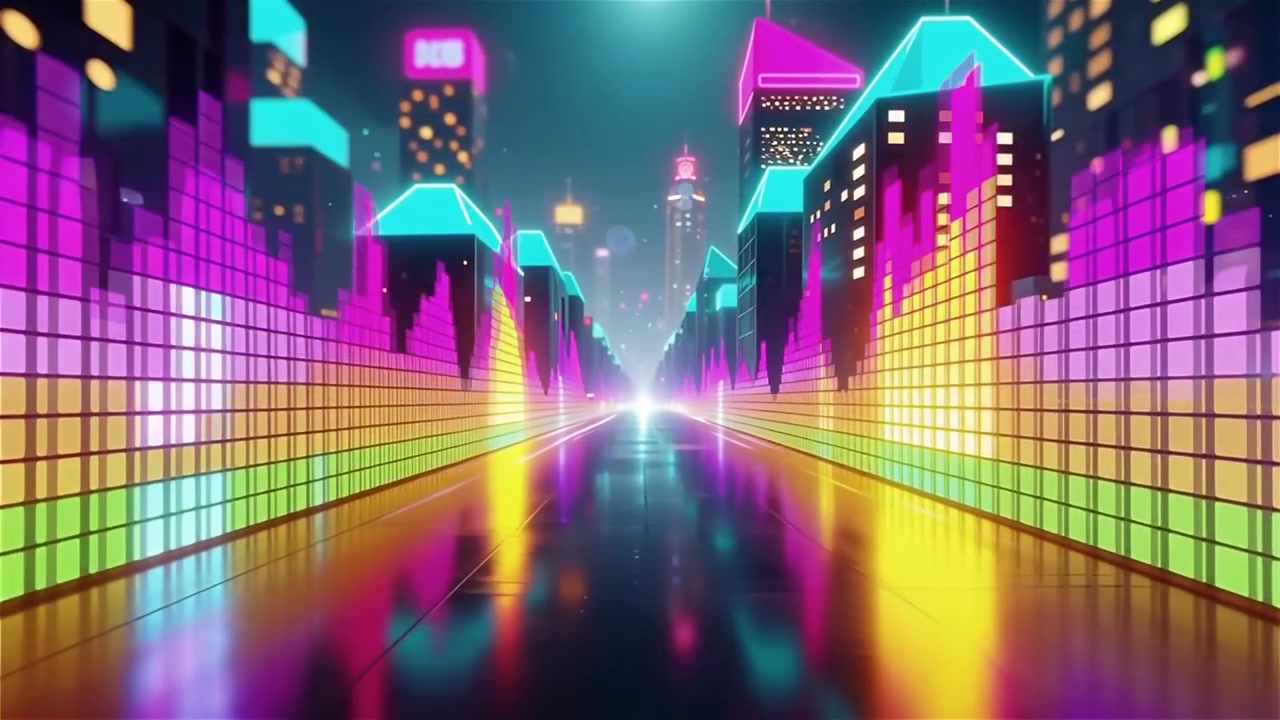 Fundo Futurista com Visualizador de Equalizador de Música Neon Arco-Íris.