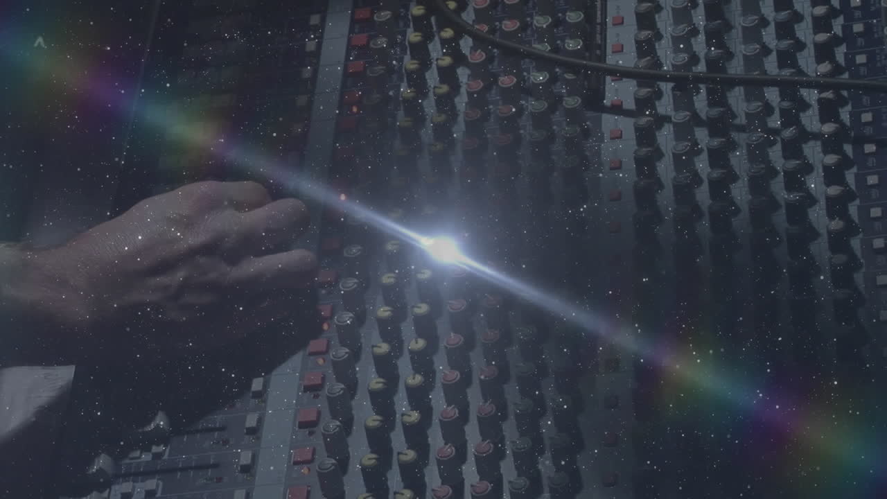Animation of sound producer adjusting sound equalizer with spots of light moving in foreground