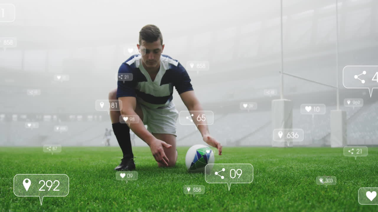 Preparing to kick ball, rugby player with animation of social media icons