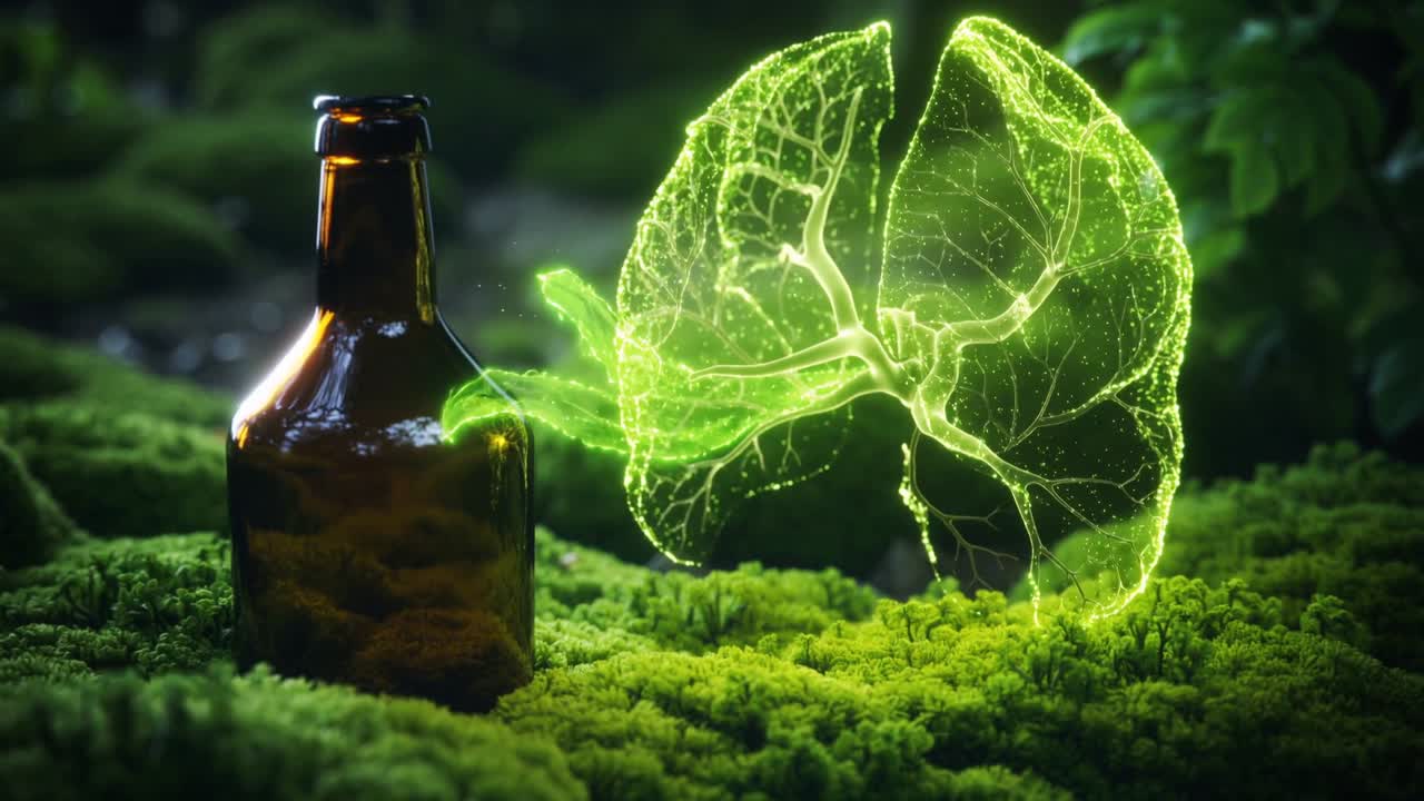 Un filamento verde che appare invia un getto verso una bottiglia ambrata sul terreno muschioso del bosco, lasciando goccioline.