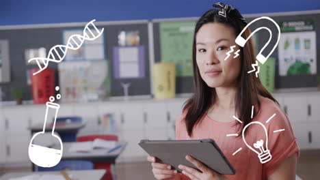 holding tablet, woman surrounded by science icons animation in classroom