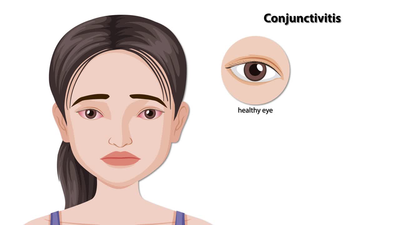 Illustrated animation explains conjunctivitis types in a girl, showing healthy, allergic, bacterial, and viral eyes