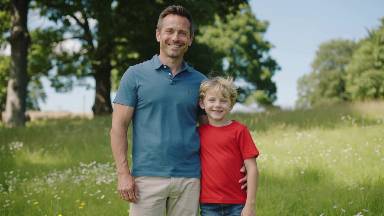 La telecamera si avvia, padre e figlio posano in un prato per un ritratto di famiglia, lui con una polo color ottanio, l'altro con una maglietta rossa.
