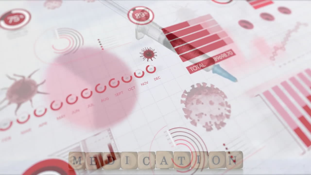 animación de la jeringa y el texto del medicamento sobre procesamiento de datos en fondo blanco