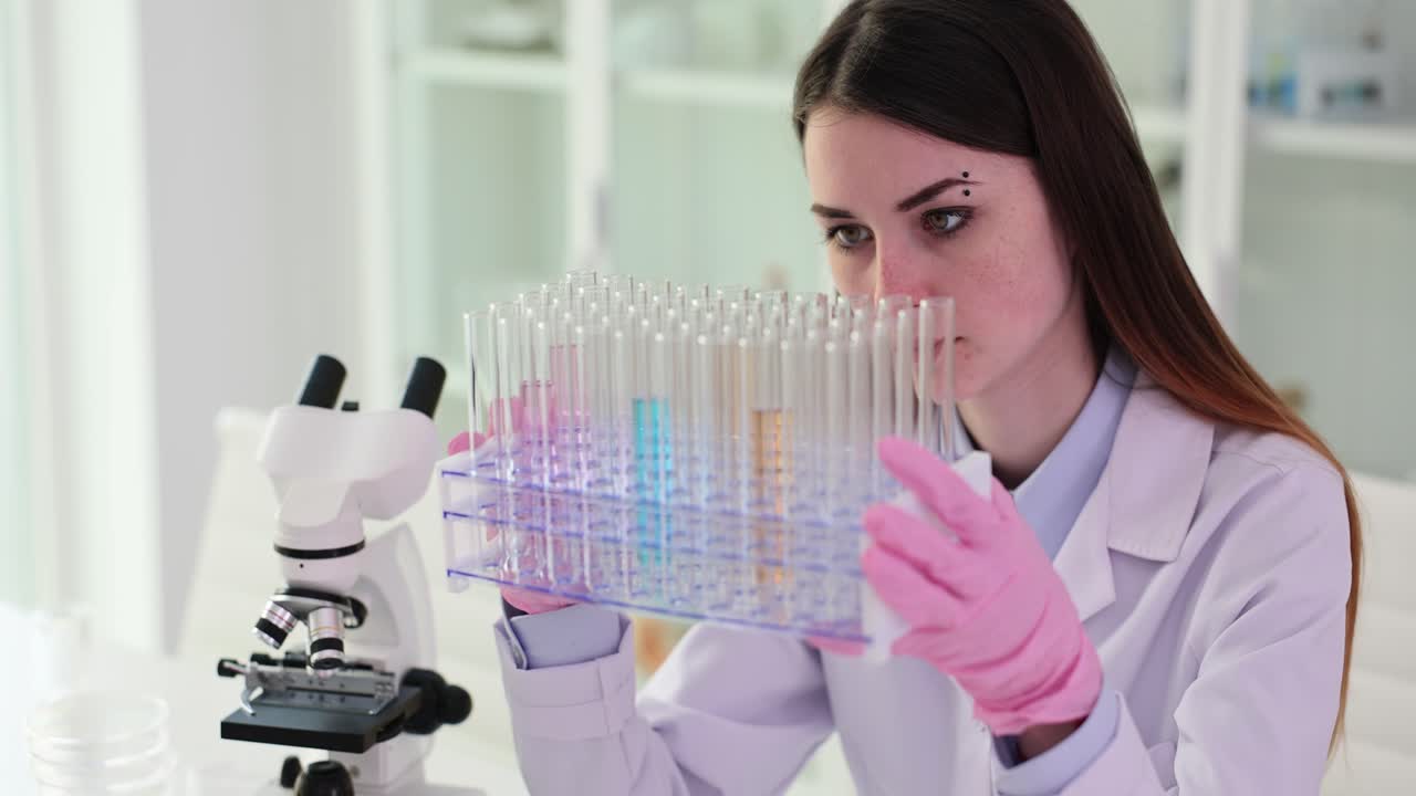 Scientist examining test tubes in a lab