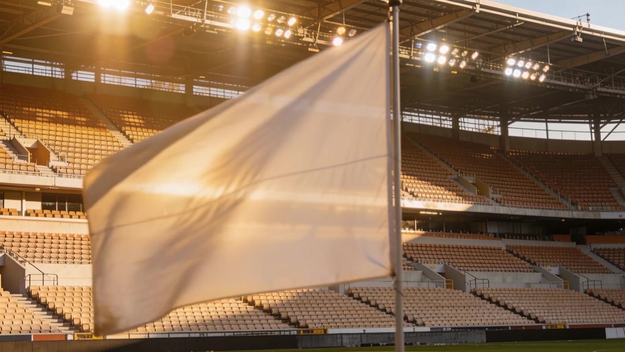 Billowing white flag on metal pole reacting to breeze picking up at stadium, revealing seams