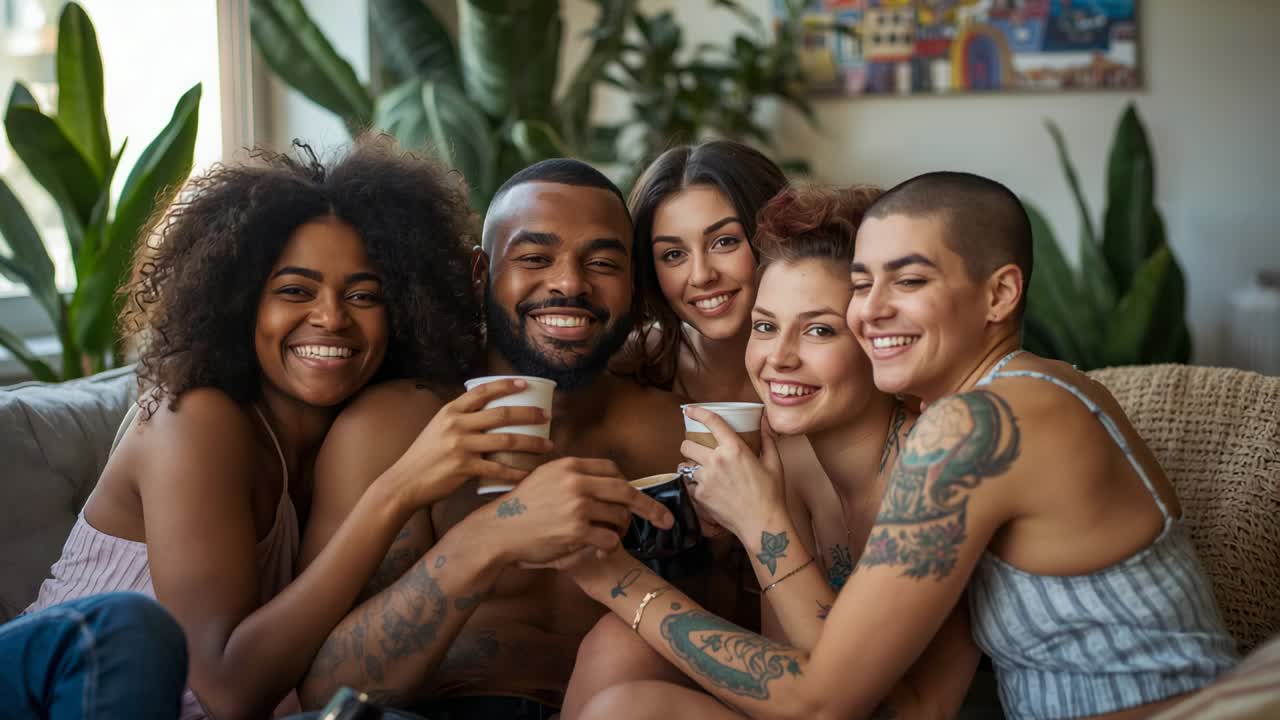 Toast initial, homme torse nu et quatre amis trinquant avec des mugs sur un canapé à la maison, célébrant quelque chose