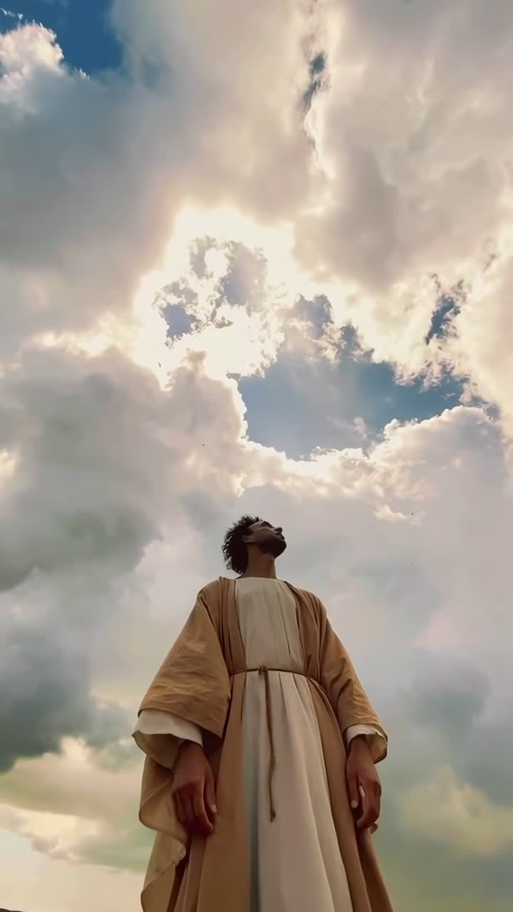 Plano de video dramático en contrapicado de una persona con túnica contemplando un cielo nublado, evocando asombro.
