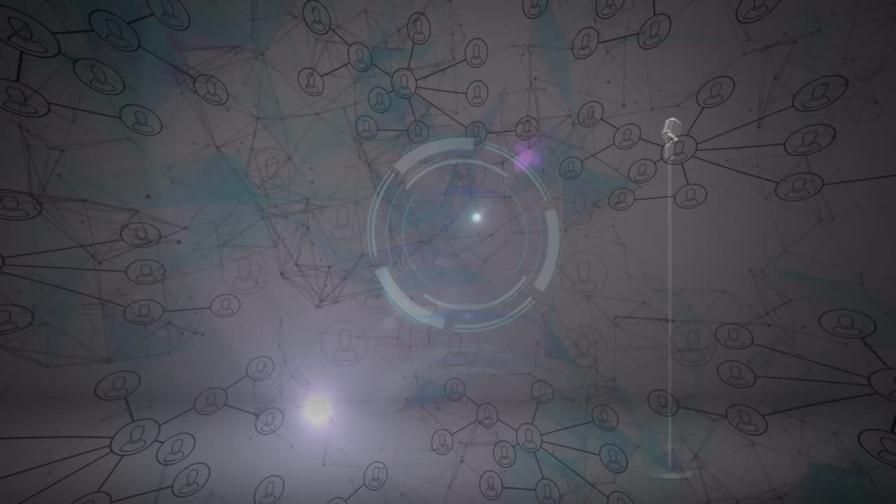 회색 배경에 프로파일 아이콘 네트워크를 통해 둥근 스캐너와 빛의 점의 애니메이션.
