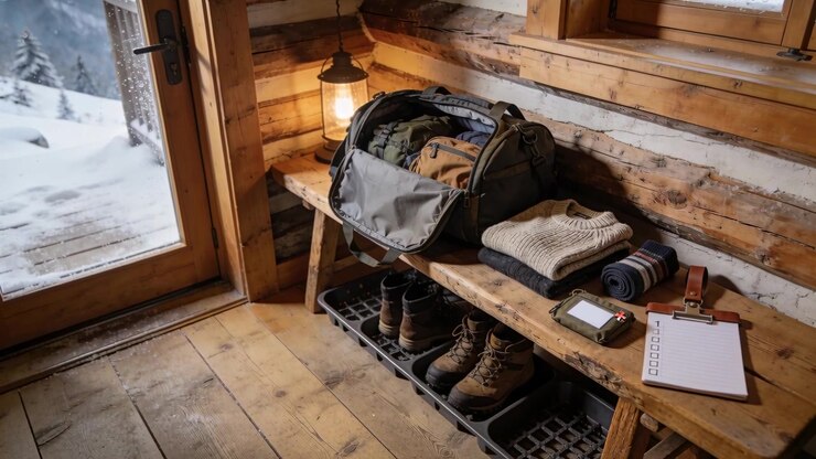Opening glass door camera panning duffel hiking boots resting on bench preparing for winter hike