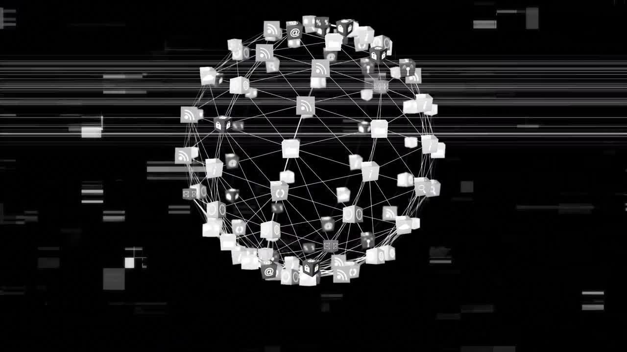 Animation of glitch globe of network of connections spinning on black background