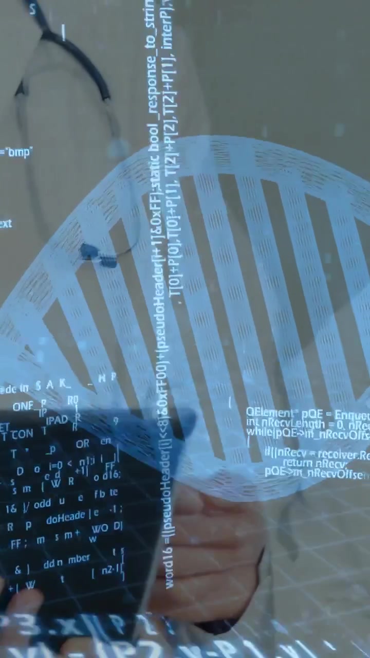Vertical video: Dr tapping tablet, revealing AR DNA helix and scrolling code over chest, reviewing