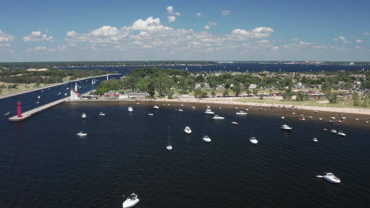 Muskegon, Michigan marina with drone video moving sideways