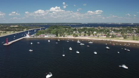 muskegon, michigan marina with drone video moving sideways