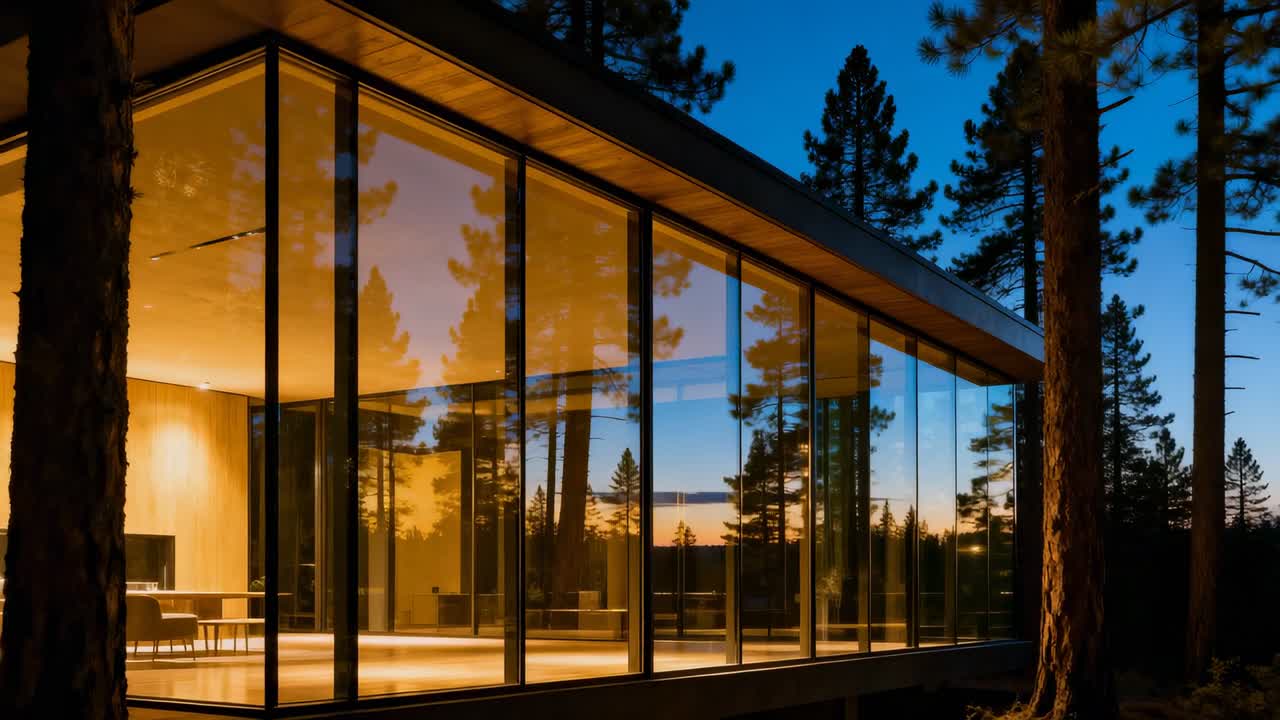 Panoramica della telecamera che mostra un moderno padiglione di vetro che si illumina al crepuscolo, catturando contrasti e riflessi.