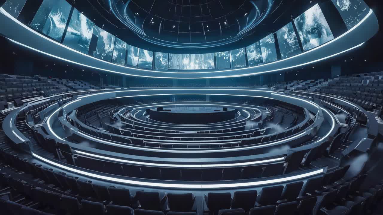 Futuristic Empty Auditorium with Blue Lighting and Large Screens