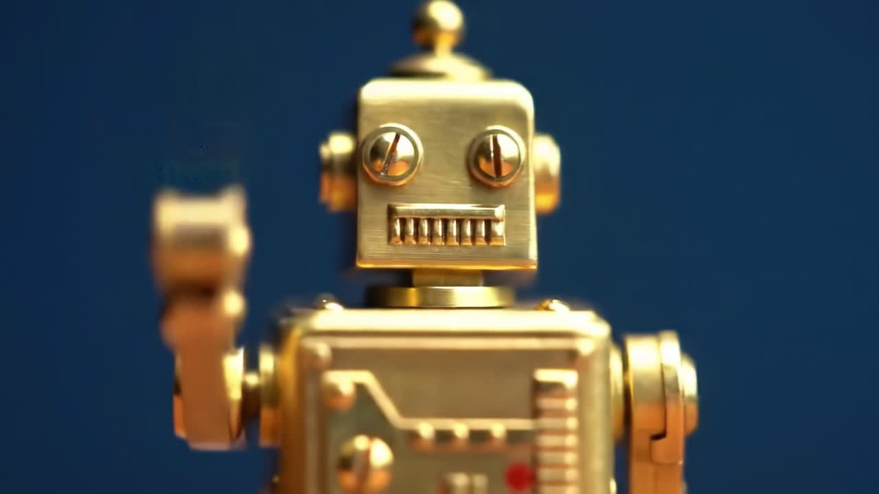 A Gleaming Vintage Robot: Captured in Two Frames, This Retro Mechanical Marvel Waves Cheerfully, Showcasing Its Iconic Design and Intricate Detailing Against a Bold Background.